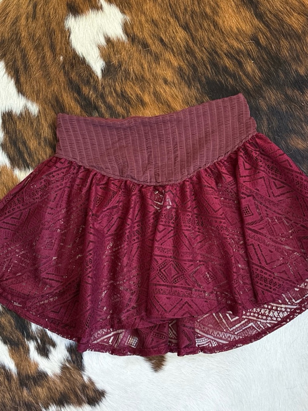 Women's Burgundy Lace Skater Skirt with Stretch Waistband